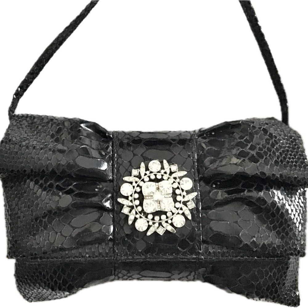 Black Jeweled Broche Snake Purse, Bag, Embossed Bow Clutch Evening Bag